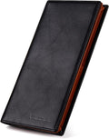 VISOUL Mens Leather Long Bi-fold Checkbook RFID Blocking Wallets, Breast Pocket Tall Billfold Secretary Wallet for Men with 12 Card Slots (Black and Orange)