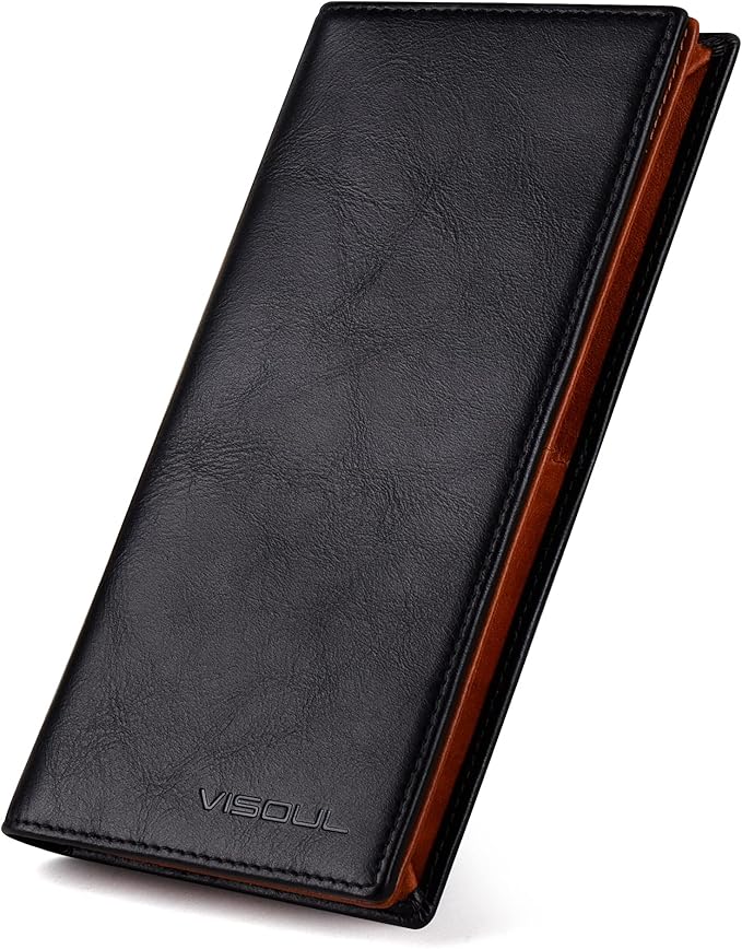 VISOUL Mens Leather Long Bi-fold Checkbook RFID Blocking Wallets, Breast Pocket Tall Billfold Secretary Wallet for Men with 12 Card Slots (Black and Orange)