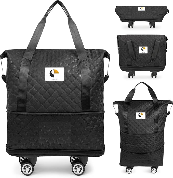 ISOKE Foldable Travel Duffel Bag - TSA Approved - With Wheels & Shoe Compartment - Weekender Bags for Women - Carry On Overnight Bag - Black - 16"×10"×24"