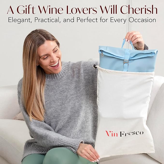 Two Bottle Rolltop Wine Tote Bag – Stylish PU Leather Wine Backpack with Matching Tumblers – Compact & Lightweight Wine Carrier with Padded Straps & Compartments for Travel & Picnics – Light Blue