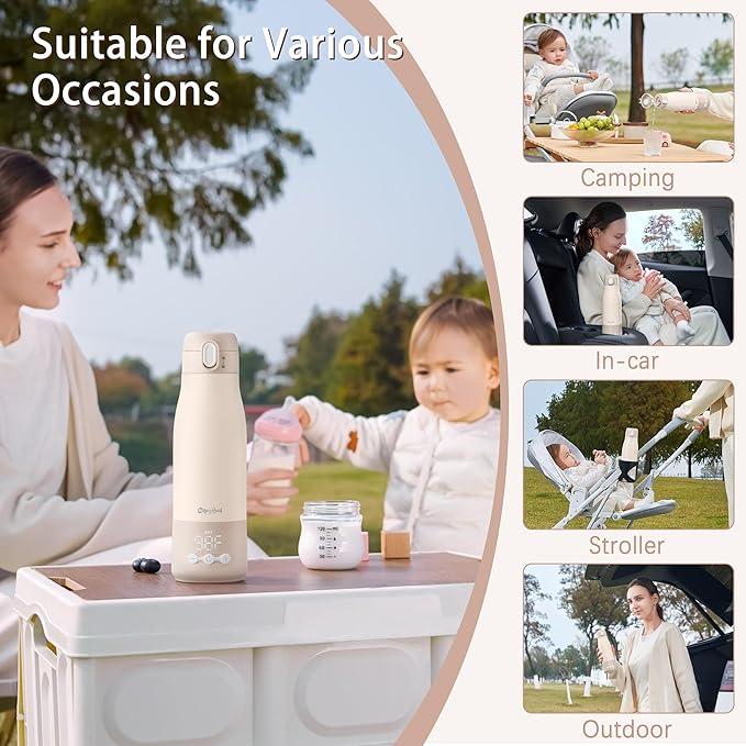 Portable Bottle Warmer for Travel, 12 Oz Milk Warmer for Breastmilk Formula Water, Fast Heating & 5-Level Temperature Control, USB Rechargeable & Long Battery Life for Car Airplane On The Go