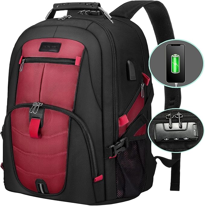 LOVEVOOK Travel Laptop Backpack Waterproof Anti Theft Backpack with Lock and USB Charging Port Large 17-17.3 Inch Computer Business Backpack for Women Men Red