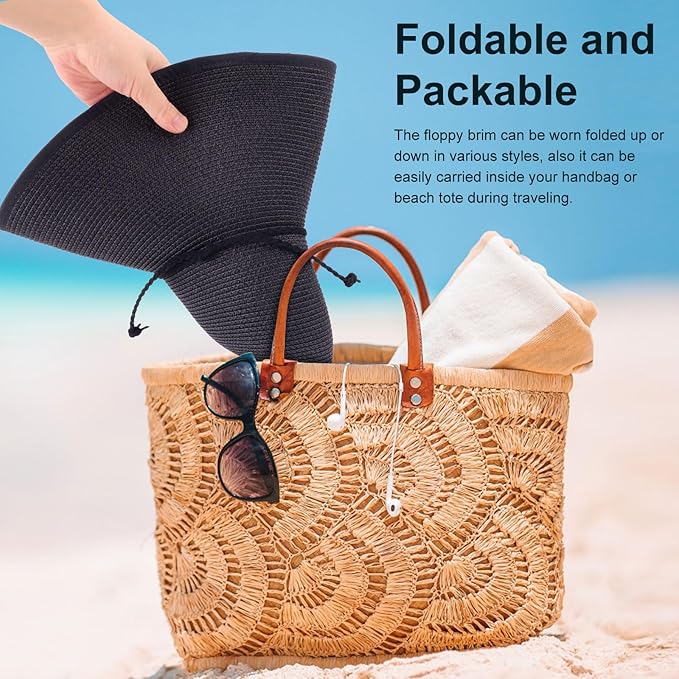 DRESHOW Beach Hats for Women Big Straw Wide Brim Summer Hat Floppy Foldable Roll up Cap Sun Hat UPF 50+