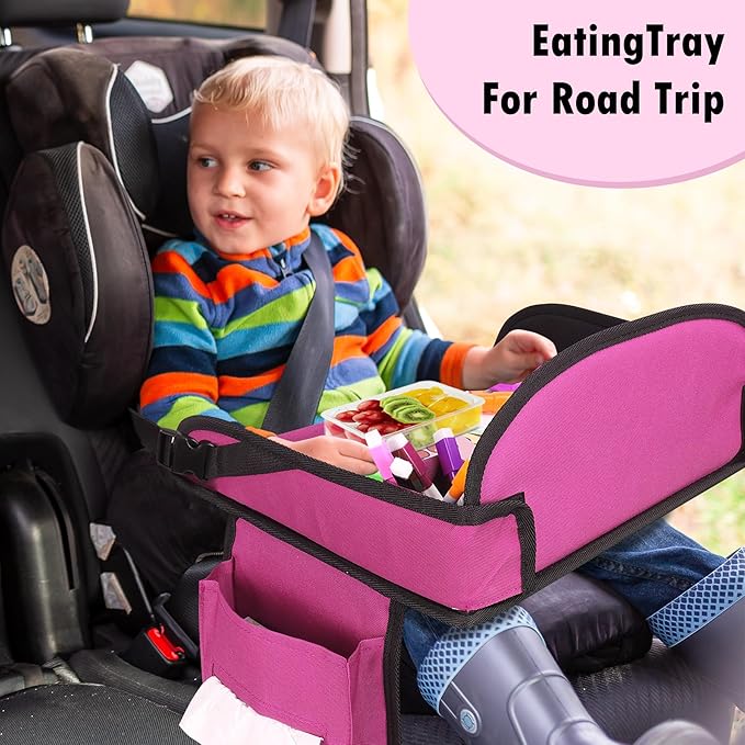Kids Travel Tray for Airplane - Toddler Car Seat Table Tray, Road Trip Essentials for Boys & Girls, Carseat Lap Desk for Kids Road Trip Activities (Pink)