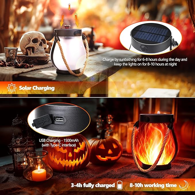 Halloween Solar Flame Lantern Hanging Outdoor Waterproof Purple - 2 Pack Flame Lanterns with Dual Charging Modes of Solar & USB for Garden or Yard Halloween Decorations (Red - 2 Pack)