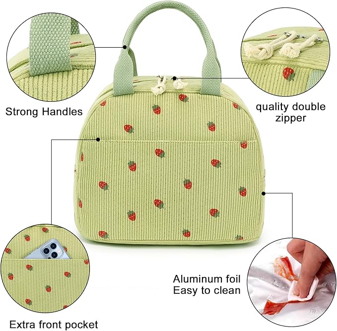 Bluboon Lunch Bag for Women Men Cute Corduroy Lunch Tote Bags Reusable Insulated Lunch Box Large Capacity Reusable Insulated Cooler for Work Picnic or Travel