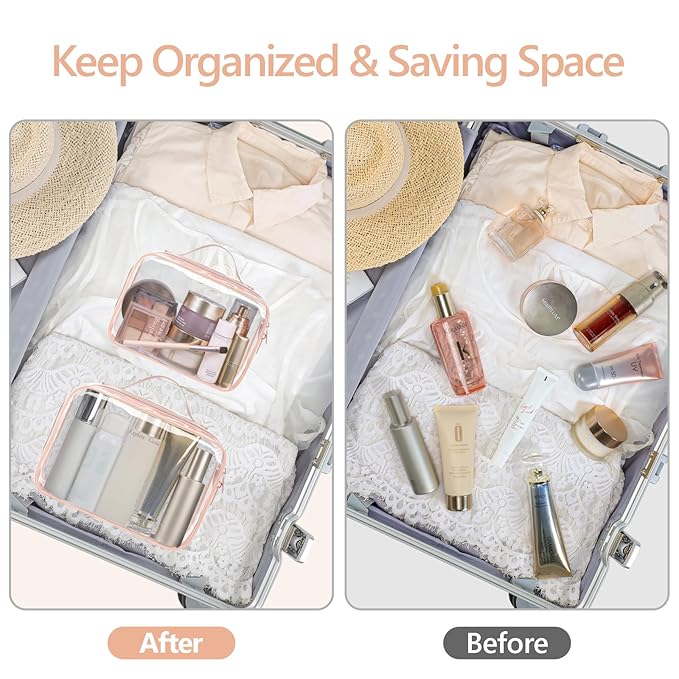 PACKISM Clear Makeup Bag - 2 Pack TSA Approved Toiletry Bag with Handle and 180° Large Opening, Clear Toiletry Bag Fit Carry-on Travel Essential, Travel Bags for Toiletries, Rose Pink