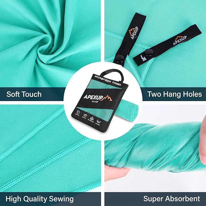 APEXUP Microfiber Travel Towel, Ultra Absorbent Quick Dry Towels, Lightweight Gym Sports Camping Towel for Workout, Yoga, Beach, Shower, Swimming (60"×30", Mint Color)