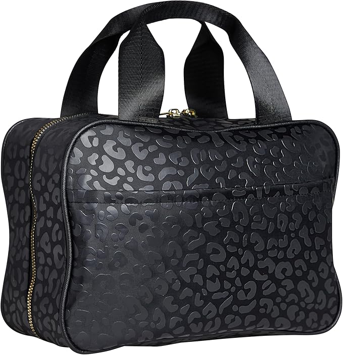 Nicole Miller New York Once Upon a Rose Makeup Bag, Multifunctional Travel and Toiletries Bag, Cosmetics Essentials Accessories Bag, Luxurious, Classic, Chic, and Stylish, Black Cow