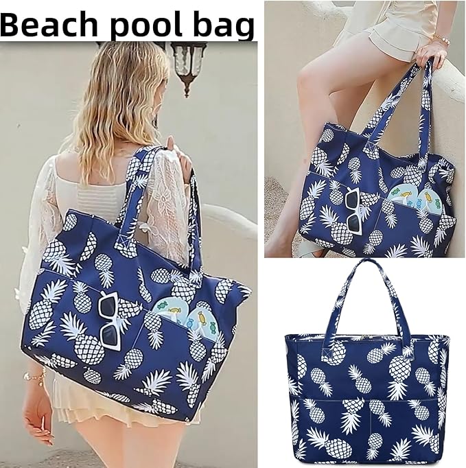 LEDAOU Large Beach Tote Bag Women Waterproof Sandproof Zipper Beach Tote Bag for Pool Gym Grocery Travel with Wet Pocket