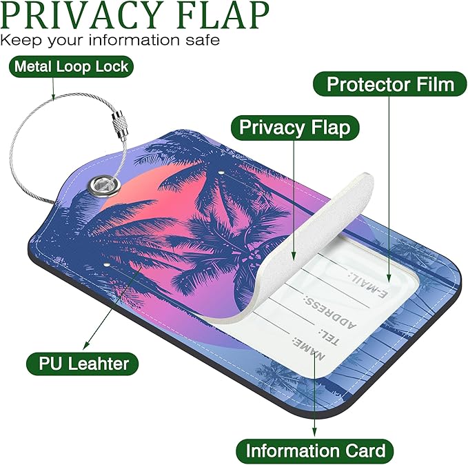 2 Pack Luggage Tag for Suitcase Sunset with Palm Trees Leather Suitcase Tags with Privacy Name ID Label and Stainless Steel Loop for Travel Bag
