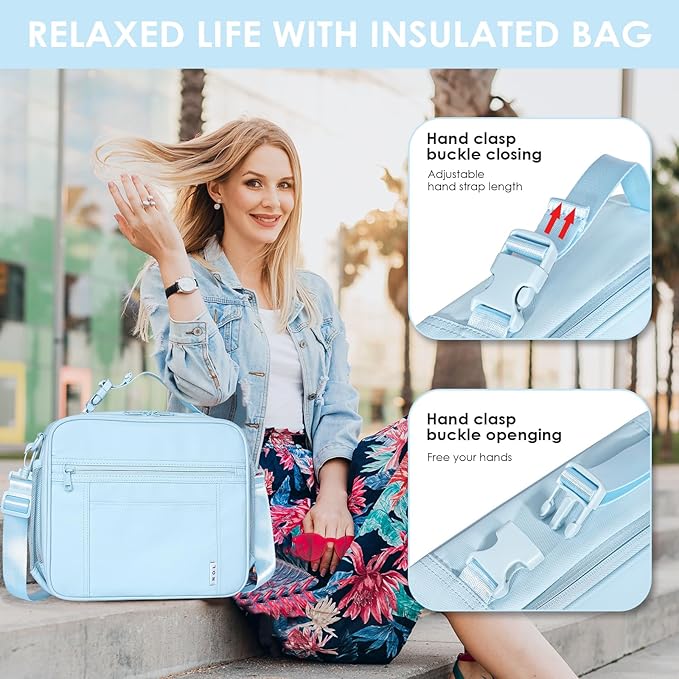 NOL Kids Lunch Bag - Kids 3+ Reusable Insulated Lunch Box with Zipper Closure Buckle Handle Adjustable Long Shoulder Strap, Easy-Clean Waterproof Fabric, Children Lunch Tote Bag for School -Light blue