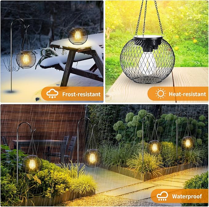 UBright Solar Lanterns Lights Outdoor Waterproof Metal Hanging Solar Powered Lights for Outside Decorative Lanterns for Garden Yard Patio Pathway, 2 Pack