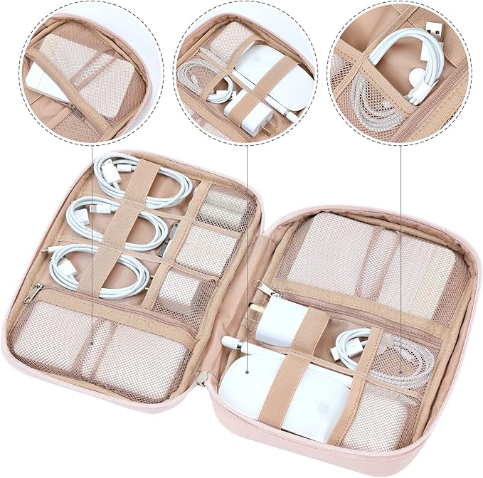 NISHEL Travel Cord Organizer Case, Tech Electronic Bag, Essentials for Charger, Cable, Phone, Hard Drive, USB, SD Card, Pink