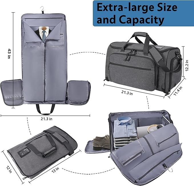 Garment Duffle Bags for Travel, YKK Zippers Carry On Convertible Suit Bag with Waterproof Compartment & Shoe Compartment & Shoulder Strap