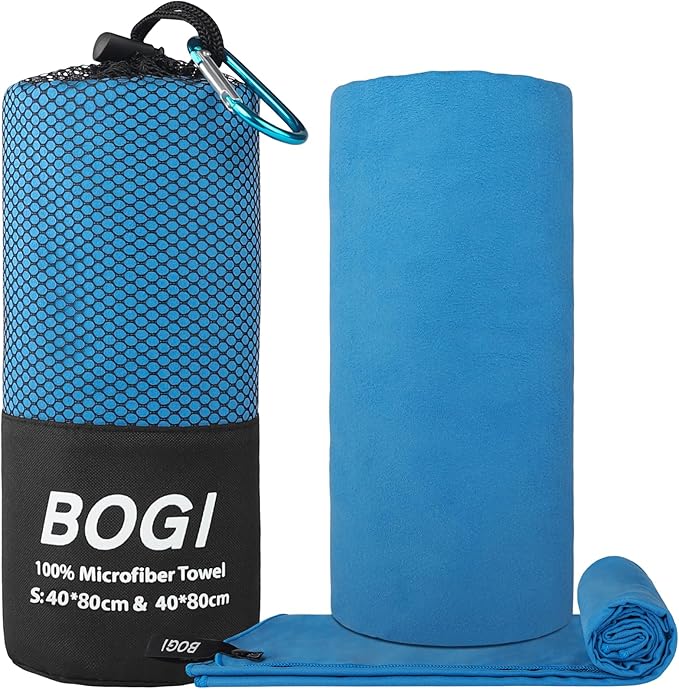 BOGI Microfiber Travel Sports Towel-Quick Dry Towel, Soft Lightweight Microfiber Camping Towel Absorbent Compact Travel Towel for Camping Gym Beach Yoga Swimming Backpacking (S:16''x32'',2Pcs-Blue)