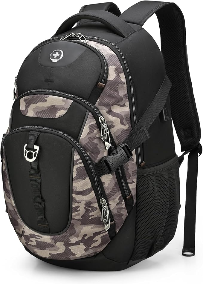 Swissdigital Design Laptop Backpack with USB Charging Port, Travel Backpack Fits 15.6 inches Computer, 31L College School Backpack for Men, Khaki Camo | SD803
