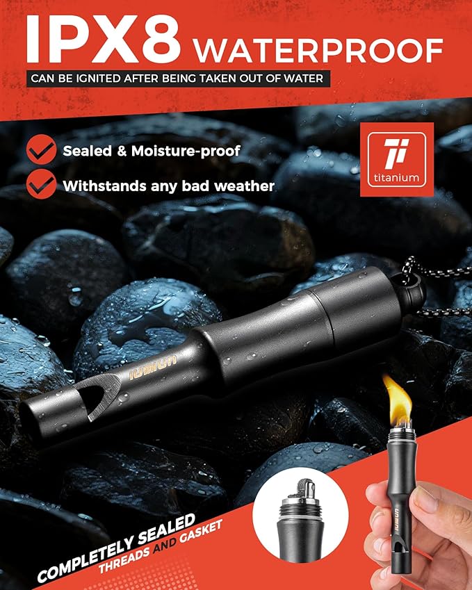 3-in-1 Fire Starter Survival Tool -Titanium Emergency Whistle, Kerosene Lighter & Mini Pill Holder, IPX8 Water-Resistant, Dust-Resistant, Compact for Hiking, Camping, Rescue(Fuel not Included)