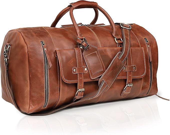 20 Inch Leather Duffle Bag Handmade Rustic Overnight Weekend Bag for Men, Gym Sports Travel Tote Bag Luggage Carry On Flight Cabin Duffel Bag with Shoe Compartment for Men & Women