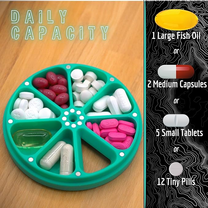Travel RX Pill Case by Type Two Labs – Weekly 7 Day Pill Box, Compact Magnetic Organizer for Pills fits Purses or Pockets, Rugged Daily Caddy Holds Vitamins, Supplements, Medication. (PNW Green)