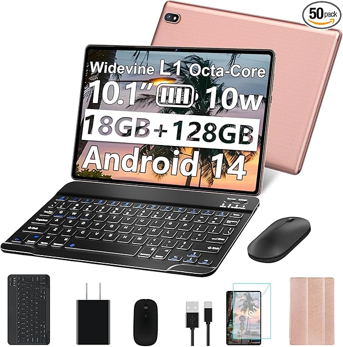 2025 Tablet Android 14 Tablets with 128GB ROM+18GB RAM, 1TB Expand 2 in 1 10.1 Inch Tablet with Keyboard, Powerful Octa-Core, WiFi 6, BT5.0, 6000mAh, Widevine L1, Gold