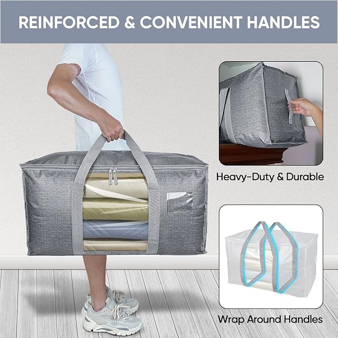 BALEINE 4-Pack Oversized Moving Bags with Reinforced Handles, Heavy-Duty Storage Tote for Clothes, Moving Supplies (Grey with Window, 4 Pack)