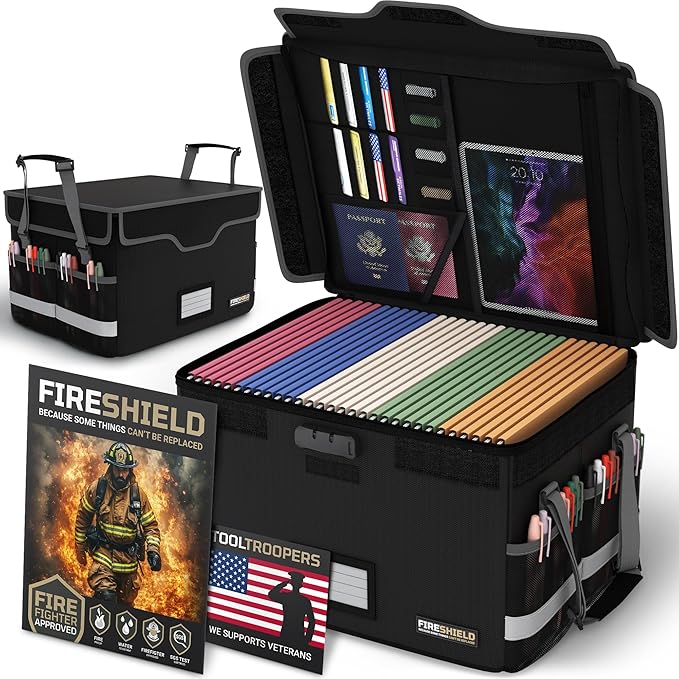 FIRESHIELD PRO Fireproof Document Box with Lock – Portable File Organizer for Hanging Letter/Legal Folders – Water Resistant, Safe Storage for Home, Office or Travel – Size: 16.1" x 12.9" x 11"