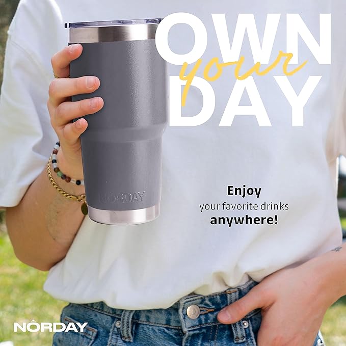 NORDAY | Tumbler with Lid - 30oz - Grey Insulated Tumbler - Stainless Steel Tumblers - Double Wall Vacuum Insulated Travel Coffee Mug for Car Cup Holder - Keeps Temperature for 24hr - Anti Spill Lid