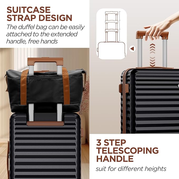 SHOWKOO Suitcase Hardside Expandable Luggage Set, Suitcase with Double Spinner Wheels TSA Lock 3 Piece Luggage Set Black (DB/TB/28in)