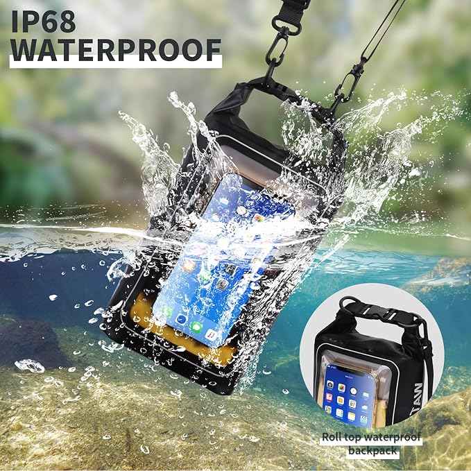 IP68 Waterproof Dry Bag, 2L - Roll Top Waterproof Pool Bag，Dry Bags for Kayaking Waterproof-w/Phone Pouch,Large Waterproof Phone Pouch,Boating & Kayak Accessories Camping (Black)