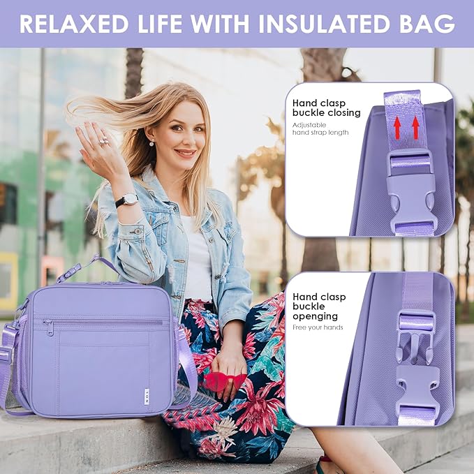 NOL Kids Lunch Bag -Kids 3+ Reusable Insulated Lunch Box with Zipper Closure Buckle Handle Adjustable Long Shoulder Strap, Easy-Clean Waterproof Fabric, Children Lunch Tote Bag for School-Light purple