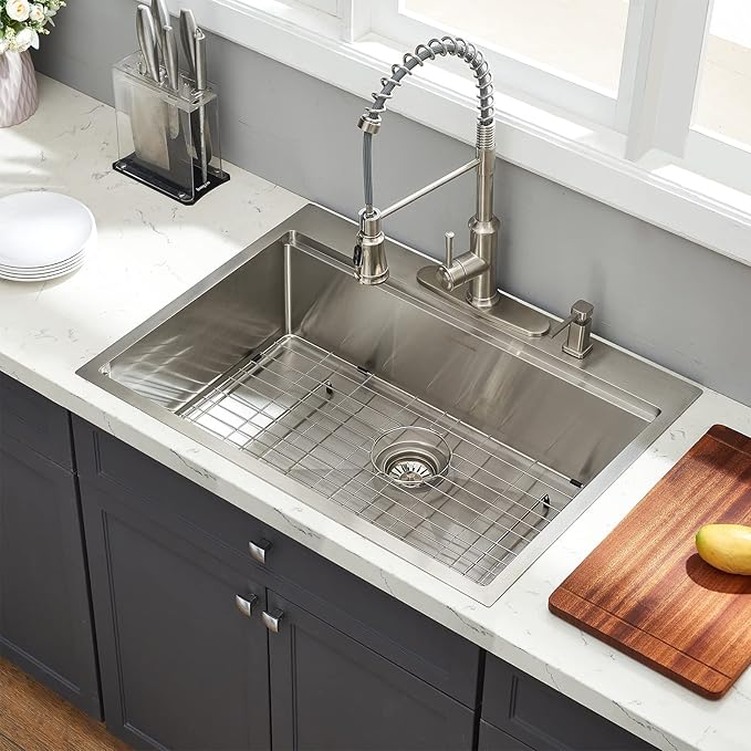 Kitchen Sink, 33 x 22 Drop in Kitchen Sink 16 Gauge Stainless Steel Kitchen Sinks Single Bowl Workstation Sink with Cutting Board
