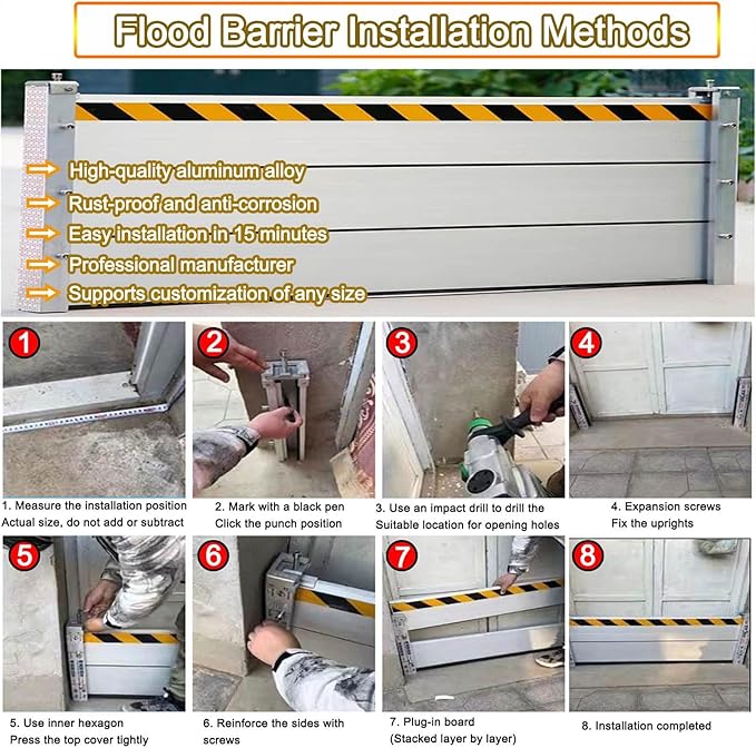 Reusable Flood Barrier, 3/4/5/6/7/8/9/10/11/12/13ft Long Heavy Duty Aluminum Water Barrier Shield for Sliding Glass Door/Driveway/Home Doorway, Removable Stopper Shield with Rubber(H 1.3ft