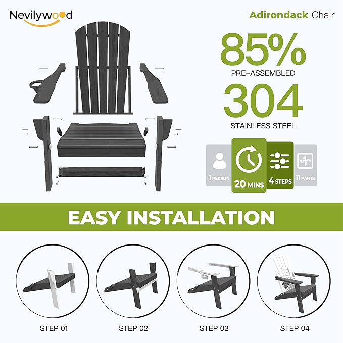 Folding Adirondack Chair - Extended Ergonomic Backrest, Cup Holder - Easy Assembly - Durable HDPE Plastic, Weather Resistant & Maintenance-Free - Lawn, Patio, Deck Supports 380lbs Black