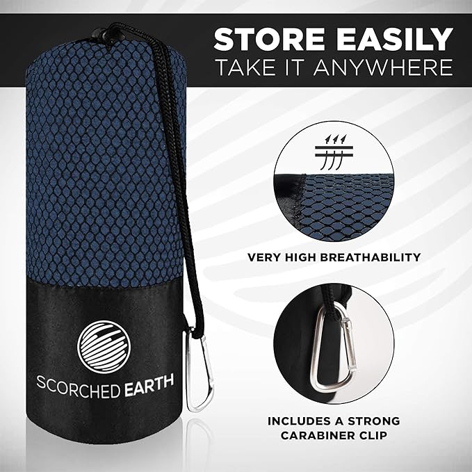 ScorchedEarth Microfiber Travel & Sports Towel Set - Quick Dry, Super Absorbent, Compact, Lightweight - for Camping, Backpacking, Hiking, Beach, Yoga, Swimming - Includes 2 Sizes + Carrying Bag & Clip