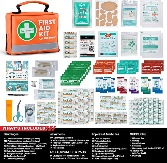 General Medi First Aid Kit - 150 Pieces Small Compact First Aid Kit Bag - Includes Instant Cold Pack, Emergency Blanket for Travel, Home, Office, Vehicle, Camping（Orange）