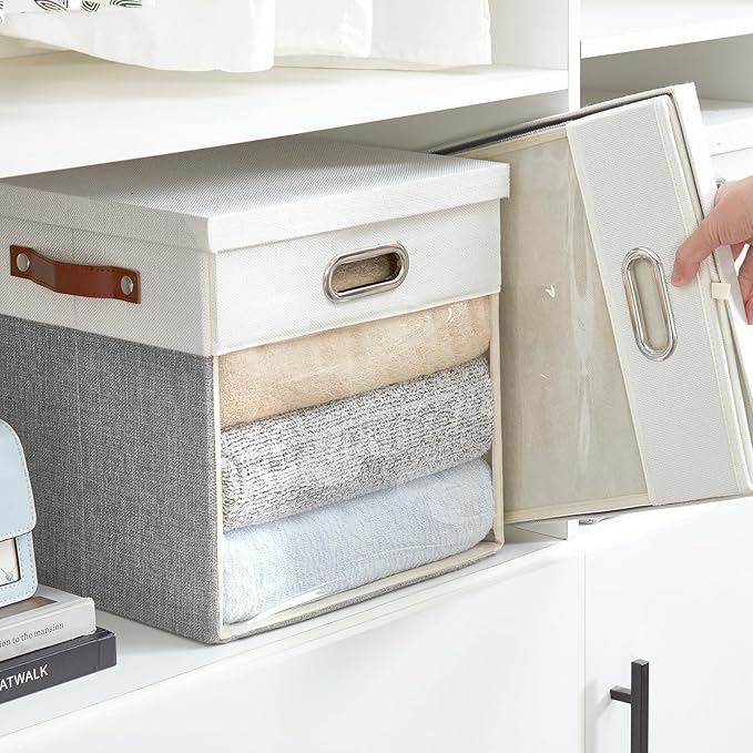 Fabric Storage Cubes with Clear Windows and Lids, 13'' Foldable Storage Bins with 3 Handles, Decorative Storage Boxes for Home, Bedroom, Closet, Office (Gray & White)