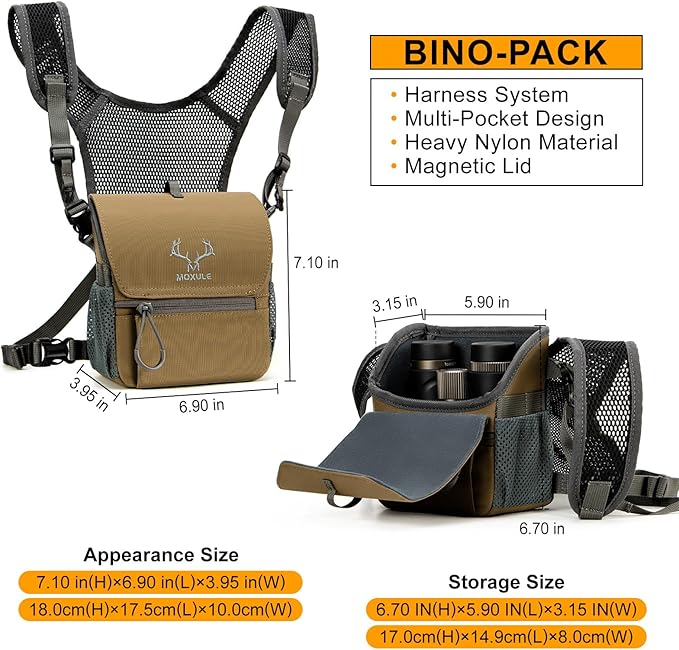 Binocular Harness Chest Pack: Bino Case with Magnetic Lid and Rain Cover for Hunting(Green)