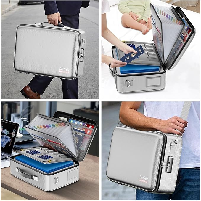 DocSafe Fireproof Document Box with Lock＆Shoulder Strap,Hard Case File Organizer with Accordion File Folder,Multi-Layer Portable Home Office Travel Safe Storage for Important Documents Laptop Silver