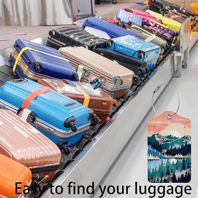 Mountain Forest Landscape Painting 2-Pcs Premium Leather Tags with Privacy Covers,Luggage Tag Stainless Steel Loops Ideal for Suitcases, Travel Bags, Backpacks