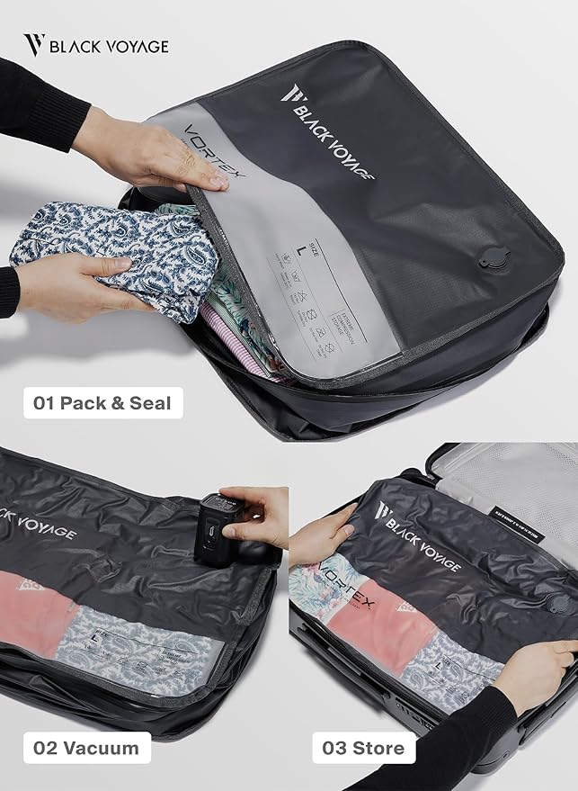 Black Voyage Reusable Vacuum Compression Travel Bag for Carry-On Suitcase and Backpack, Recycled IP67 Waterproof Space Saver Vacpack (2-Pack, 18L - Pump Included)
