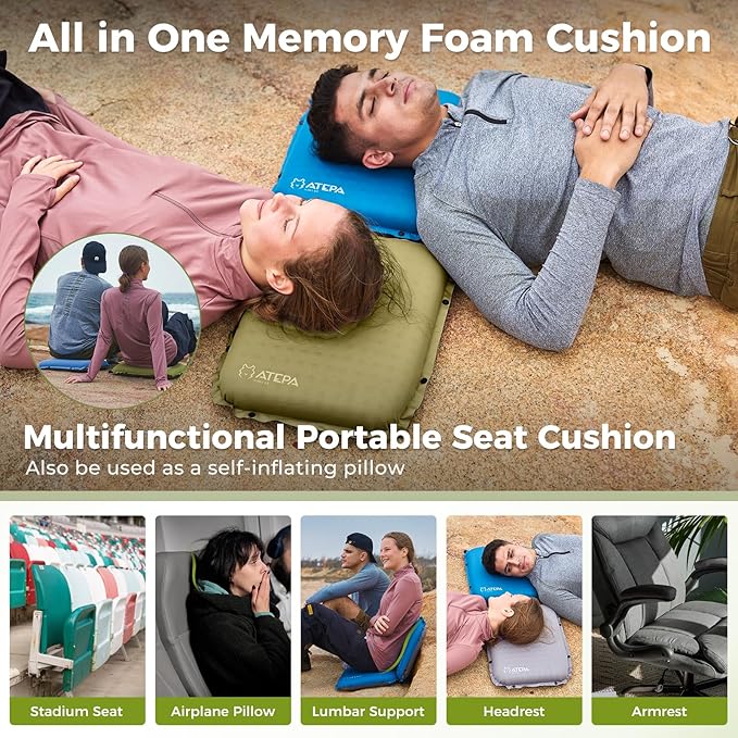 ATEPA Inflatable Stadium Seat Cushion, Self-Inflating Memory Foam Stadium Seats Bleacher Seat Chair Cushion Pad for Airplane Travel Backpacking Sports Events