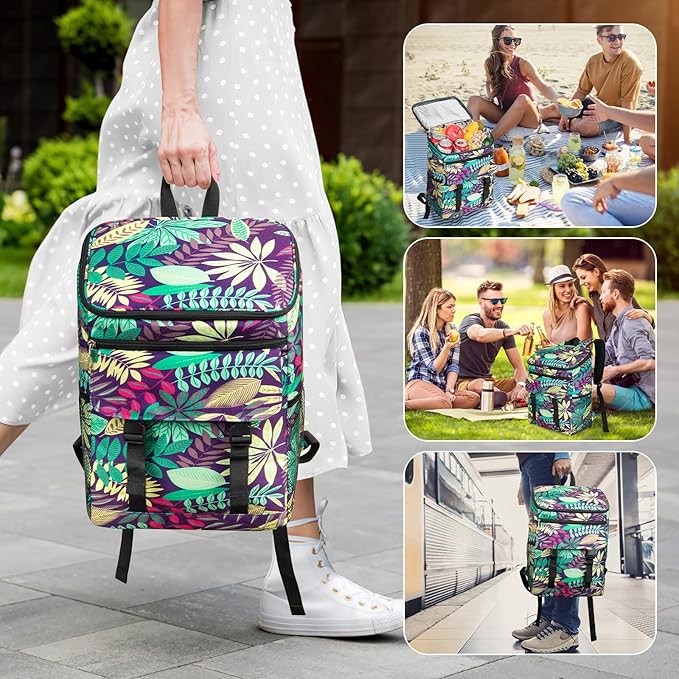 Cooler Backpack Soft Insulated Leak Proof 30 Cans Insulated Backpack Cooler Portable Picnic Camping Beach Hiking BBQ Lunch Backpack for Men and Women -Leaf Flowers