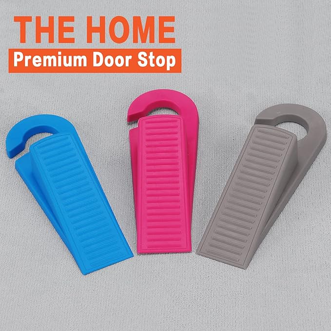 3 Pack Rubber Hook Type Door Stoppers 1 Inch Thick Door Stop Works on All Floor Surfaces, Control The Size of The Door Gaps and Prevent The Lock-Outs (Gray/Blue/Rose)