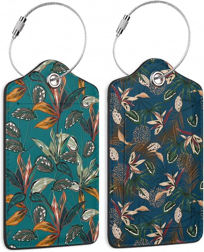 2 Pack Luggage Tags for Suitcases Retro Tropical Plants Luggage Tag, Leather Stainless Steel Loop Label Tag for Men Women Travel Bag Suitcase