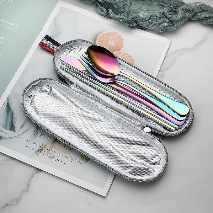 DEVICO Camping Utensils, Portable Travel Utensils with Case, Stainless Steel Reusable Silverware for Lunch Adult, 5Pcs Cutlery Set Includes Knife Spoon Fork Chopsticks and Case (Rainbow)