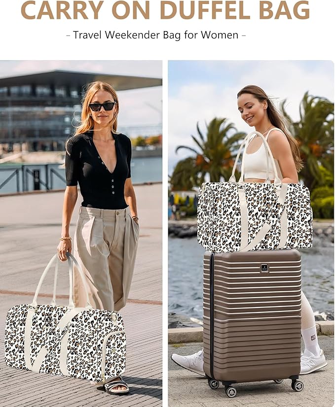 Women Duffle Weekender Travel Bag: Large Duffel Bags with Shoe Compartment Carry On Overnight Tote Bag with Wet Pocket Toiletry Bag Traveling Weekend Gym Yoga Hospital Bags for Womens Leopard
