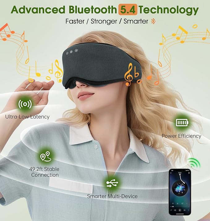 LC-dolida Bamboo Cotton Bluetooth Sleep Mask, 2 in 1 3D Soft Sleep Mask with Sleep Headphones, Sleep Eye Mask with Timming Setting, Blackout Sleeping Mask for Side Sleepers, Women Men, Grey