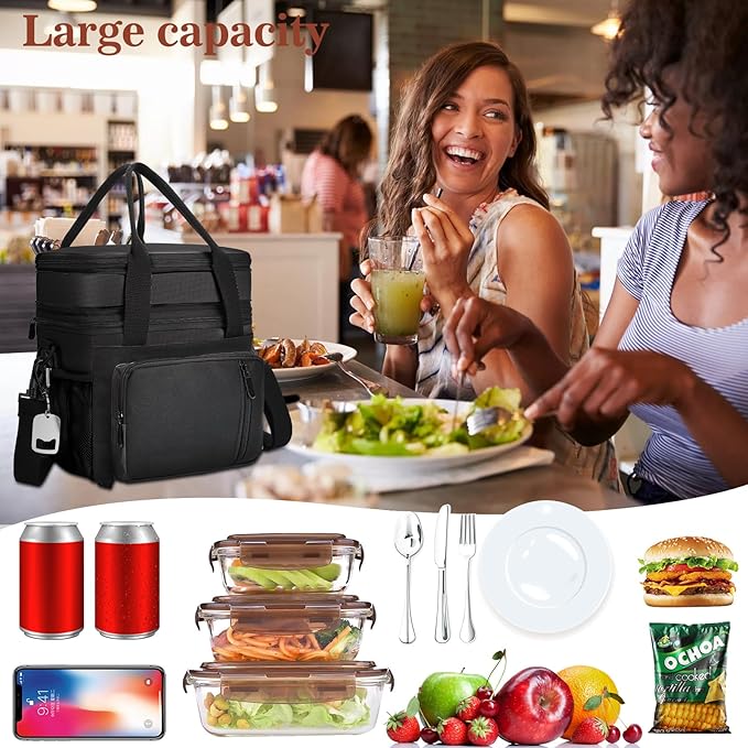 LOKASS Insulated Lunch Box Women & Men Large Adult LunchBag Double-Layer Reusable Lunch Bags Leak-Proof Tote Cooler Bag for Work Picnic Outdoors 16L, Black