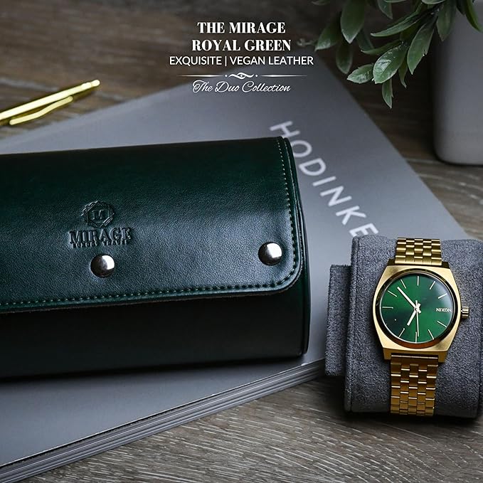 2 Watch Travel Case for Men- Watch Roll Holder and Display - Royal Green Swiss Motif Vegan Leather